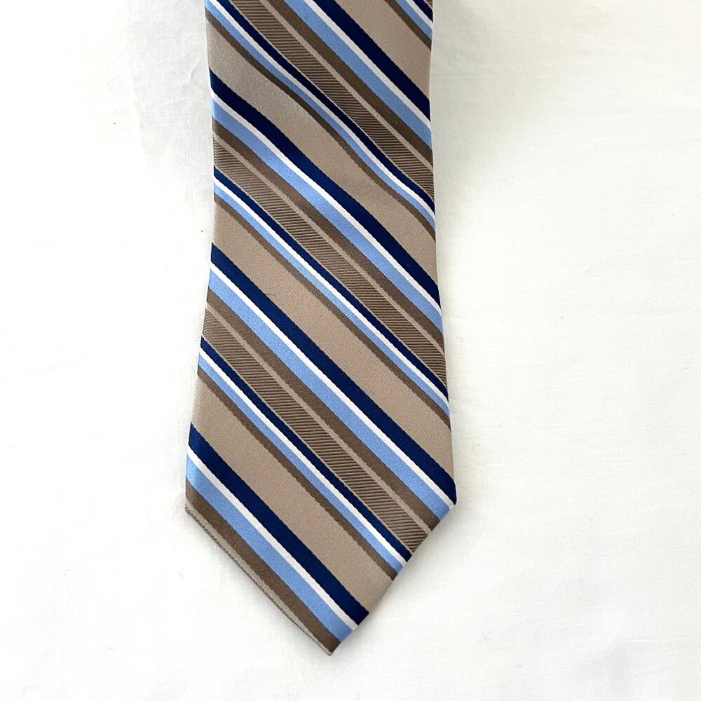 Croft & Barrow Neck Tie, Tan, Blue and White Stripes 100% Silk, EC!